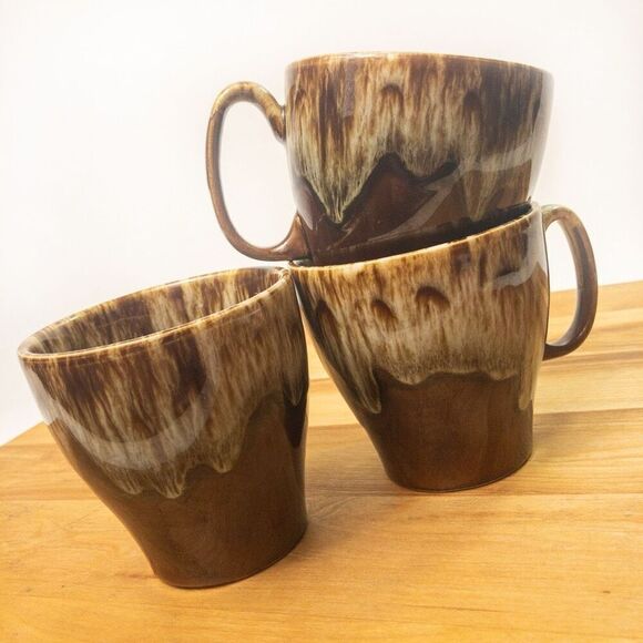 Vtg Brown Drip Glaze Coffee Cups Set of 3 - Picture 8 of 8